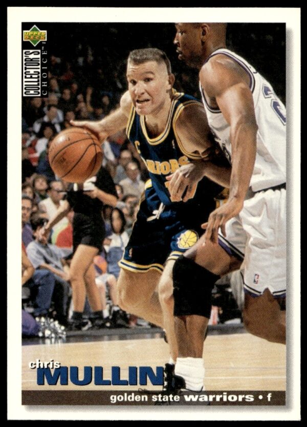 Chris Mullin 1995-96 basketball card, showcasing his jump shot in Warriors uniform.