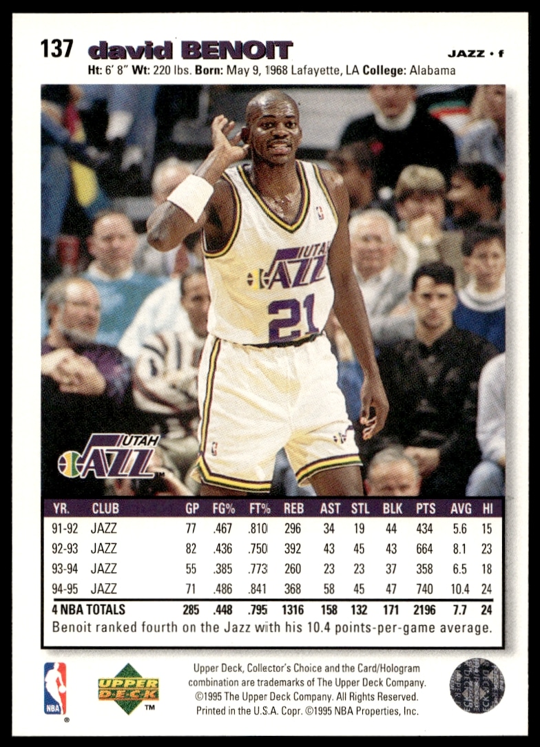 Back of 1995-96 Upper Deck David Benoit basketball card highlighting stats and player details.