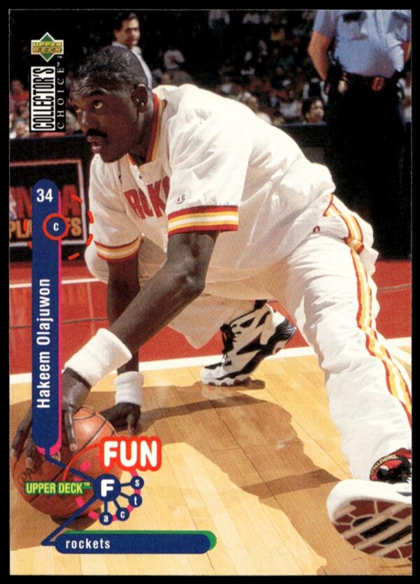 Hakeem Olajuwon 1995-96 Upper Deck basketball card #175 in action, showcasing skill and intensity.