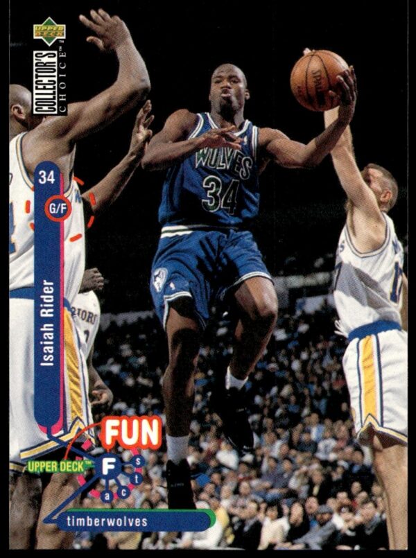 Isaiah Rider basketball card, 1995-96 Upper Deck #181, showcasing Timberwolves uniform and game action.
