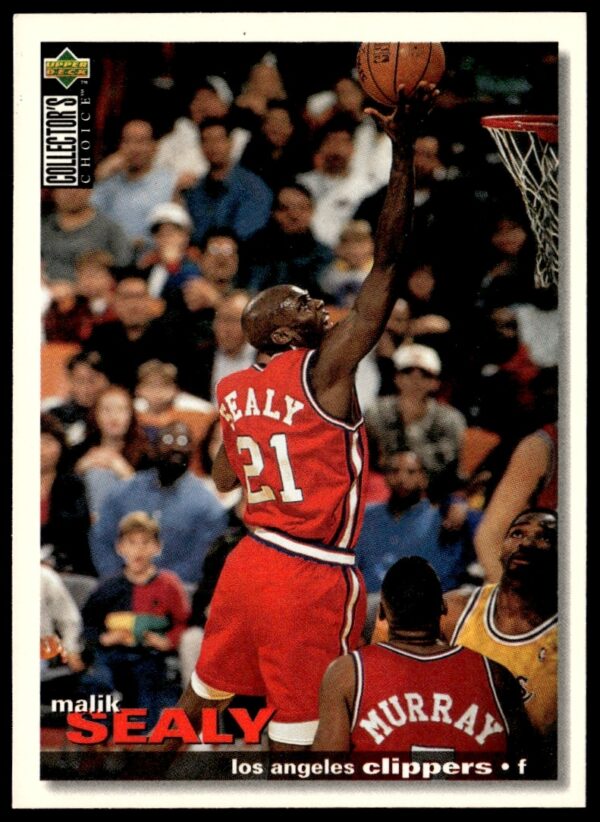 Front view: 1995-96 Malik Sealy Upper Deck trading card, showcasing athletic basketball pose.