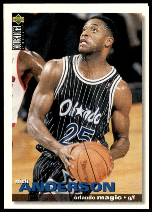Nick Anderson 1995-96 Upper Deck basketball card front showcasing Orlando Magic details.