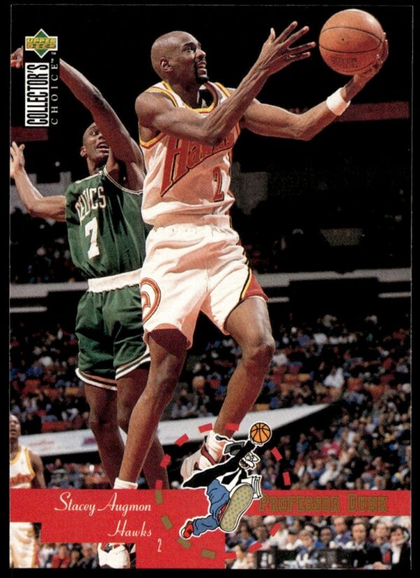 1995-96 Upper Deck Stacey Augmon basketball card, Atlanta Hawks jersey, dynamic court pose.