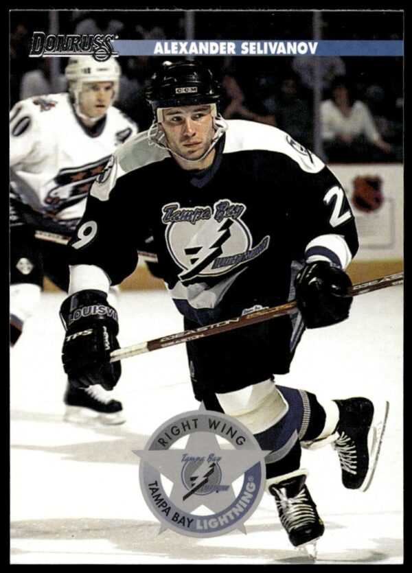 Alexander Selivanov 1996-97 Donruss Hockey Card #32, Tampa Bay Lightning player in action.