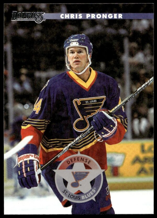 Chris Pronger 1996-97 Donruss card #63, showcasing NHL action and athletic focus.