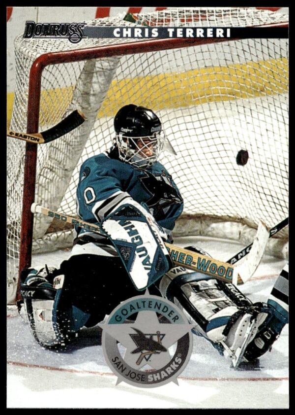 Chris Terreri 1996-97 Donruss Hockey Card #38, New Jersey Devils Goaltender, Mid-Action.