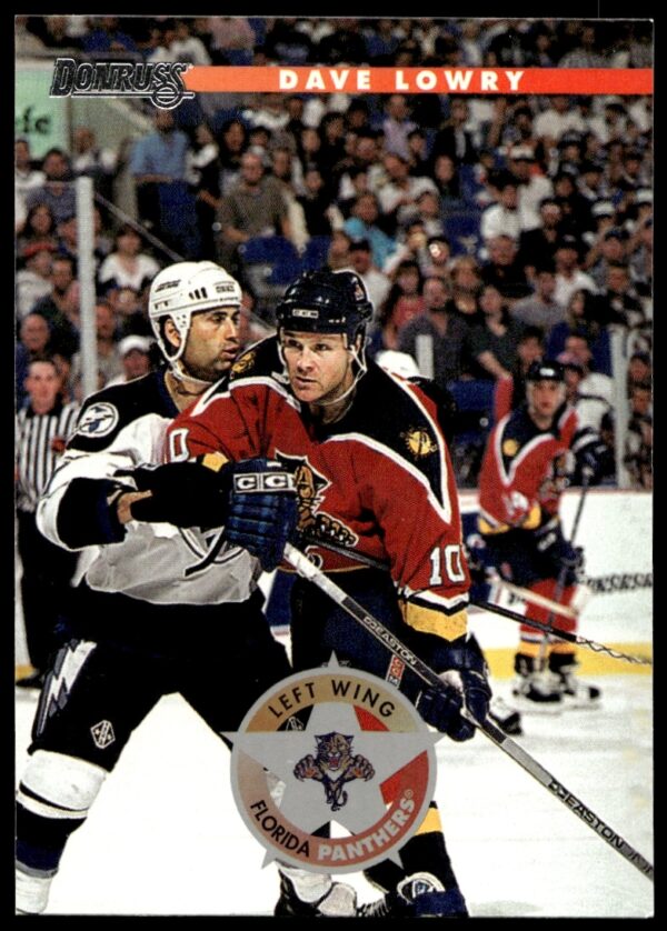 Dave Lowry 1996-97 Donruss hockey card #174 featuring team jersey and dynamic gameplay.