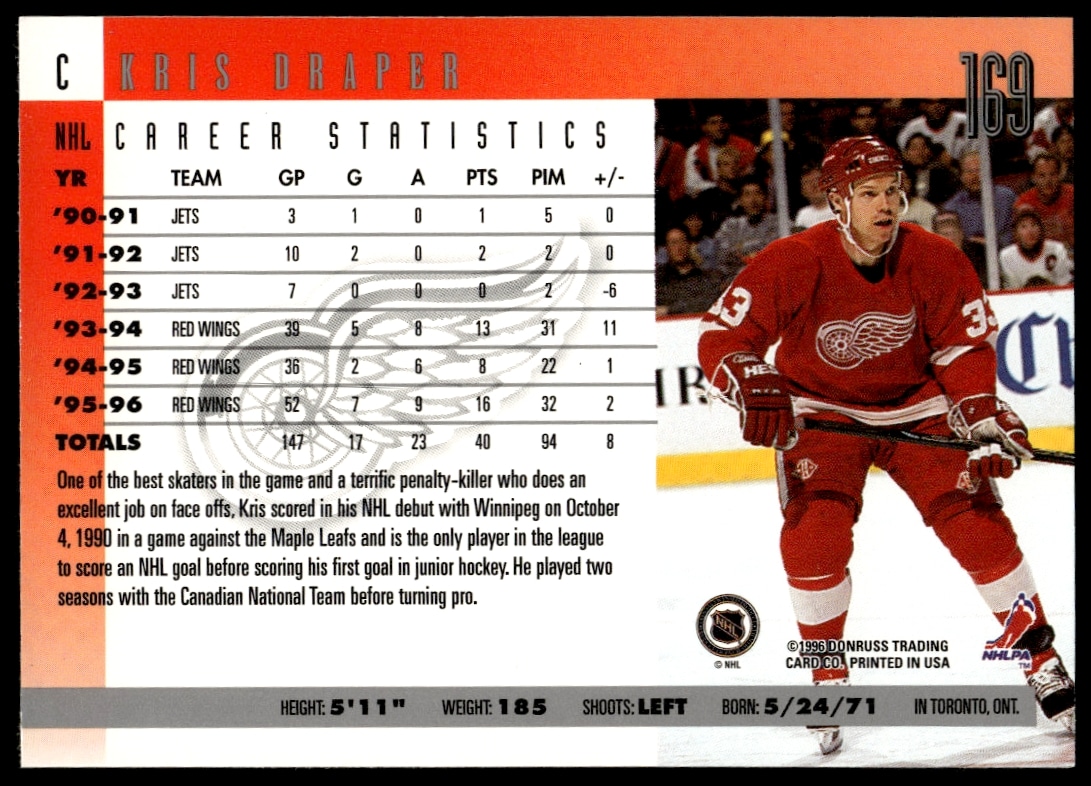 Kris Draper 1996-97 Donruss Hockey Card Back with career stats and highlights.