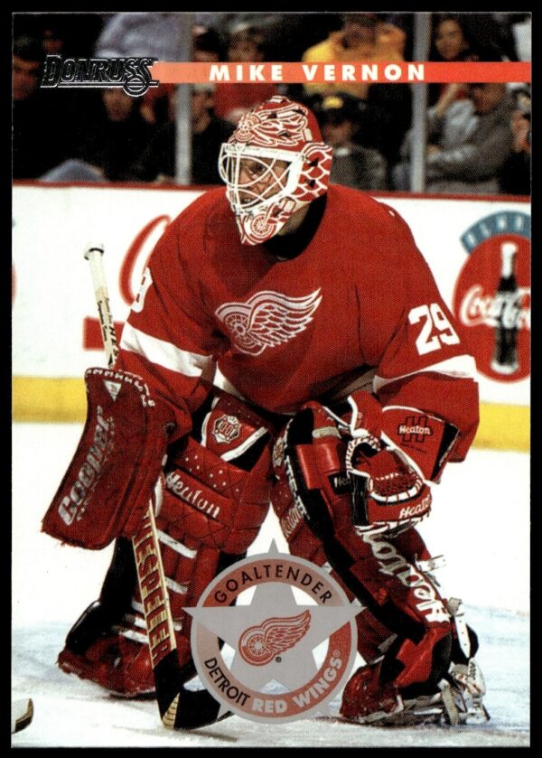 1996-97 Donruss Mike Vernon hockey card, #52, featuring him in Detroit Red Wings gear.