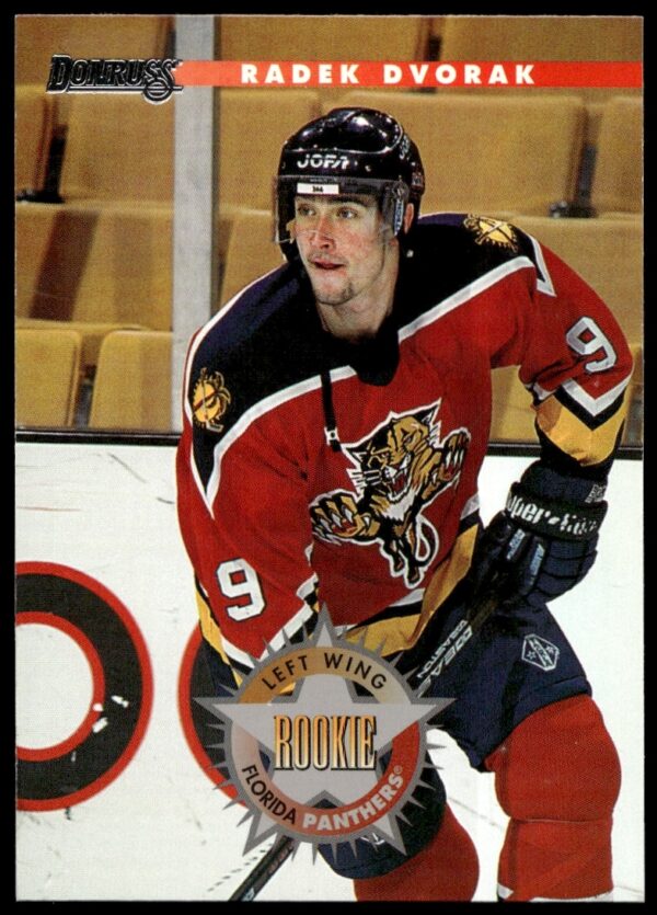 Radek Dvorak 1996-97 Donruss Hockey Card, Florida Panthers, #213, mid-action on ice.