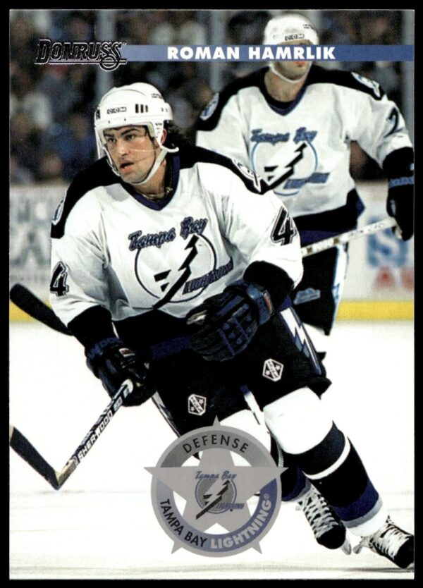 Roman Hamrlik in action on 1996-97 Donruss trading card, Tampa Bay Lightning #84.