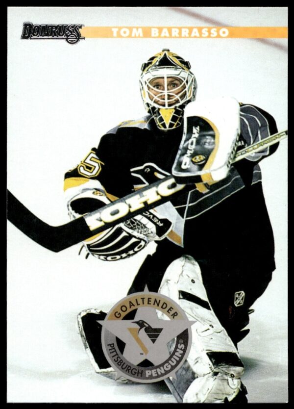Tom Barrasso 1996-97 Donruss Hockey Card #67 Front, Pittsburgh Penguins Action Shot.