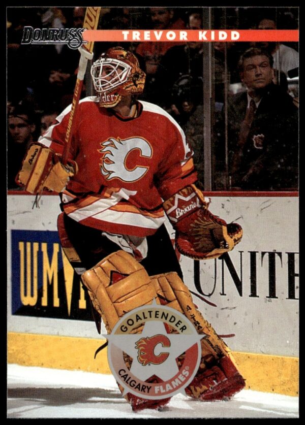 Donruss 1996-97 hockey card of goalie Trevor Kidd, #160, dynamic 90s design.