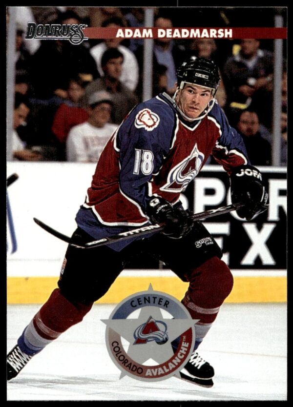 1996 Donruss Adam Deadmarsh hockey card #145, showcasing action in Colorado Avalanche jersey.