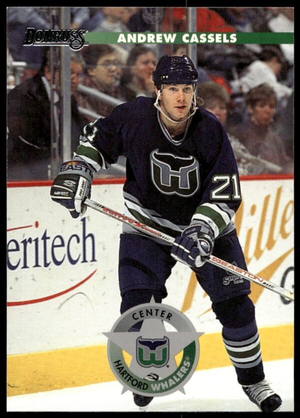 Andrew Cassels 1996 Donruss card #162 featuring dynamic hockey action and determination.