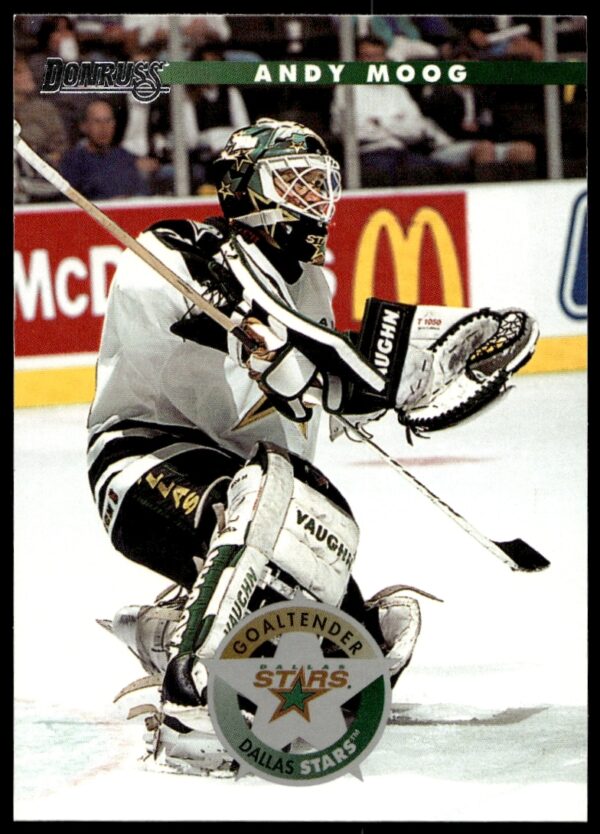 1996 Donruss hockey card, Andy Moog #166, featuring him in goalie gear on ice.