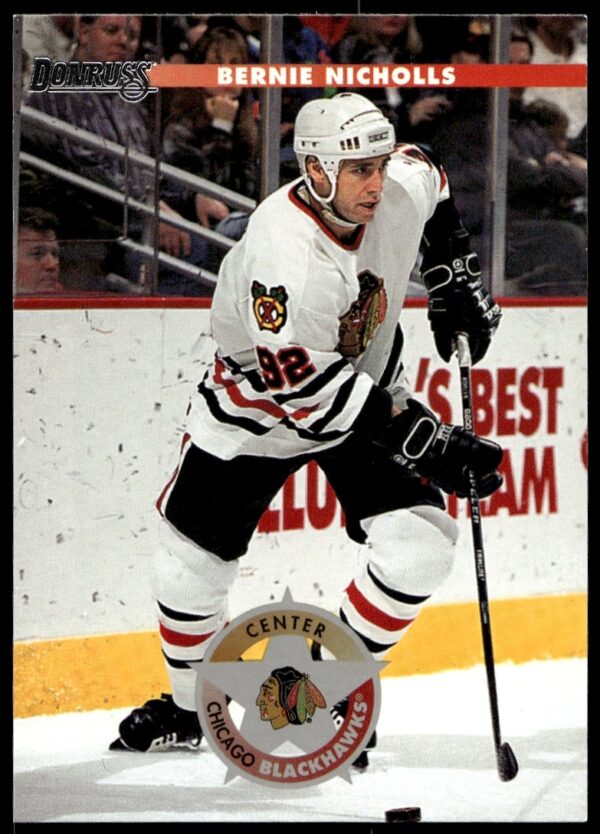 Front view of 1996 Donruss Bernie Nicholls hockey card, number 198, with dynamic design.