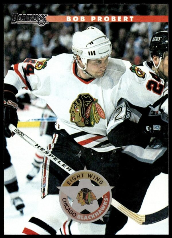 1996 Donruss Bob Probert #8, Detroit Red Wings, hockey card, action shot, enforcer legend.