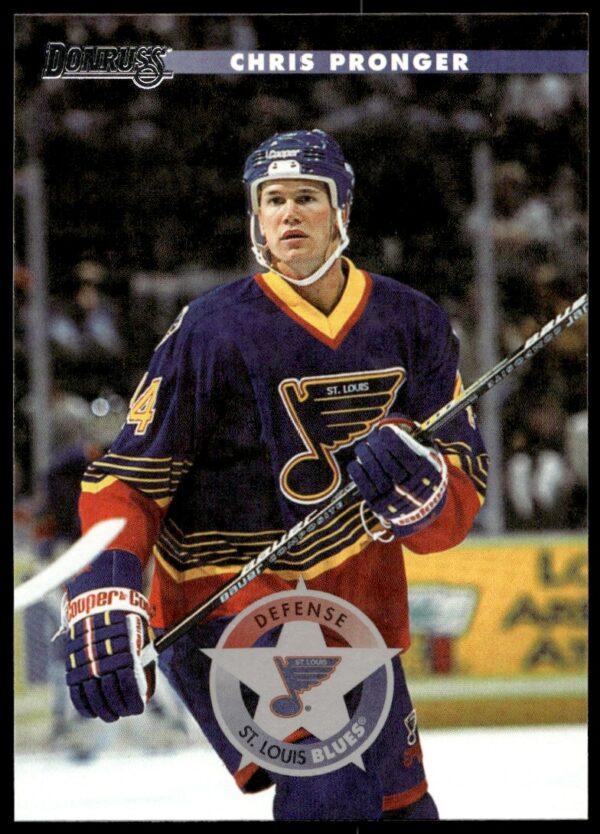 1996 Donruss Chris Pronger card, St. Louis Blues, on-ice action, #63 front view.