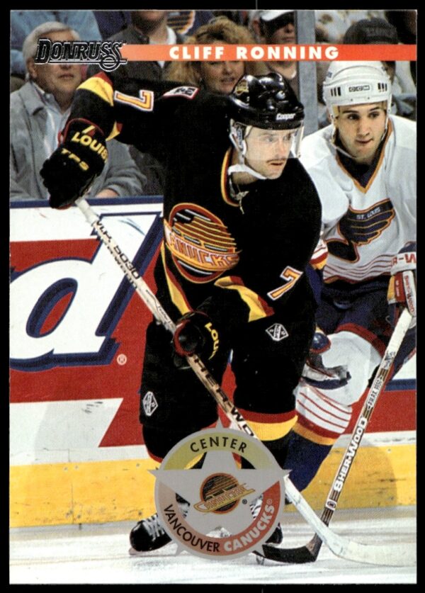 Cliff Ronning on 1996 Donruss Hockey Card #47, displaying team logo and player stats.