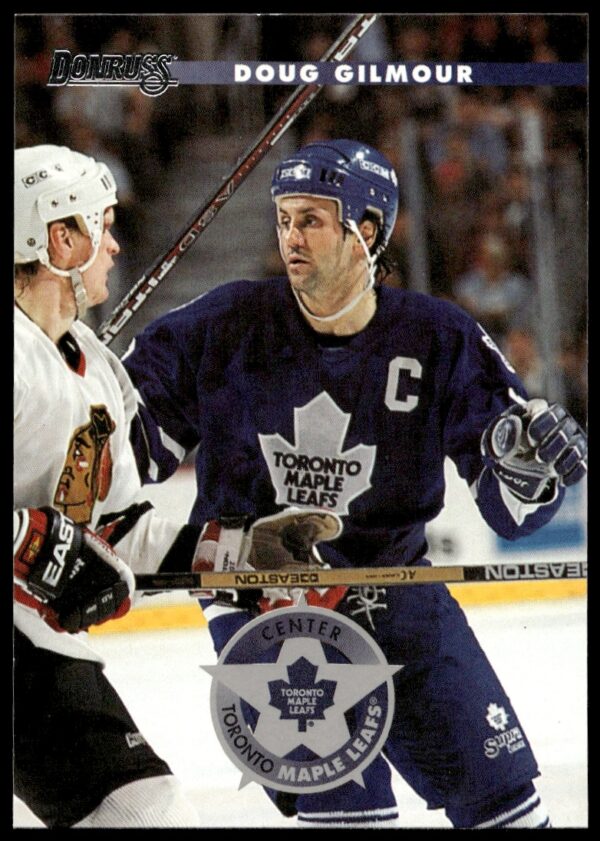 Dynamic 1996 Donruss Doug Gilmour card #46 showing intense action in Maple Leafs uniform.
