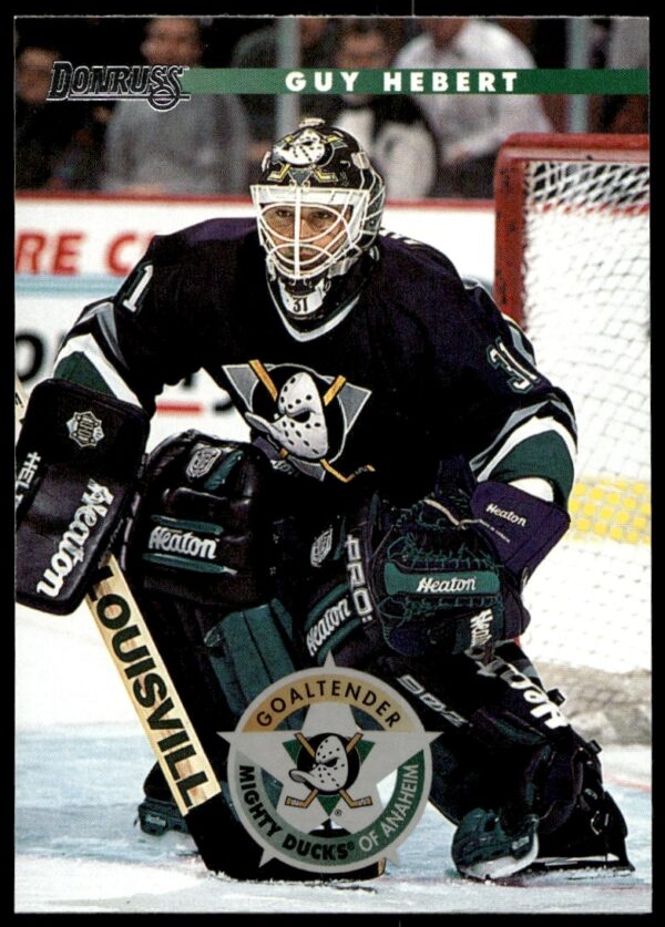 Guy Hebert 1996 Donruss Hockey Card #164, Anaheim Mighty Ducks, action on ice.