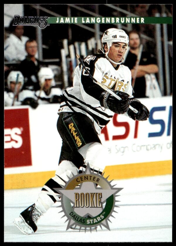 1996 Donruss Jamie Langenbrunner hockey card, action shot, #218.
