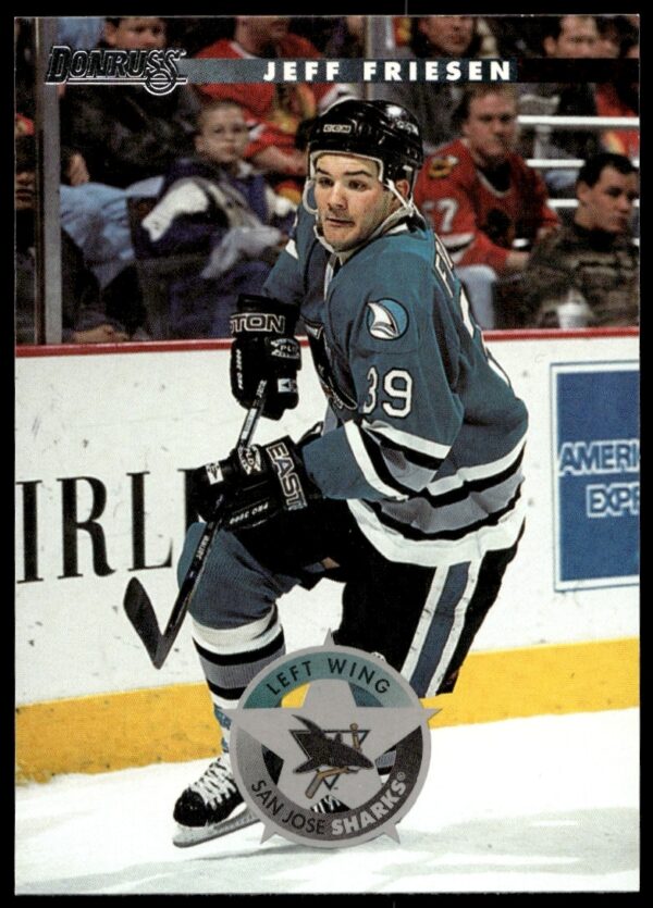 Dynamic 1996 Donruss Jeff Friesen hockey card #79 in San Jose Sharks uniform.