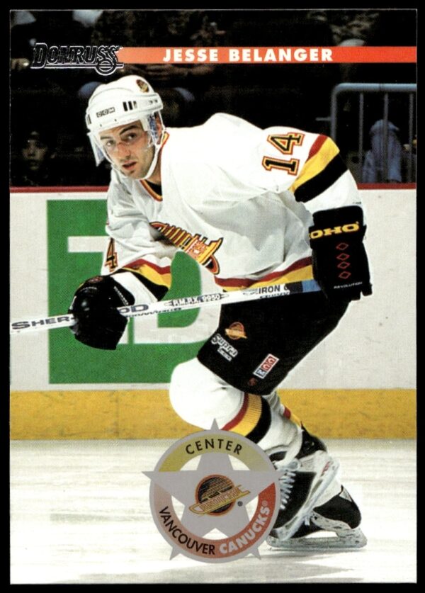 1996 Donruss Jesse Belanger Hockey Card #70 showcasing gameplay action.