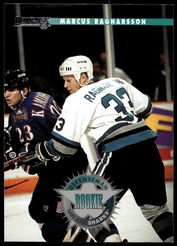 Front view of 1996 Donruss hockey card #234 featuring Marcus Ragnarsson in Sharks uniform.