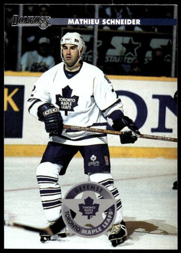 Mathieu Schneider 1996 Donruss Hockey Card #18, showcasing dynamic on-ice action.