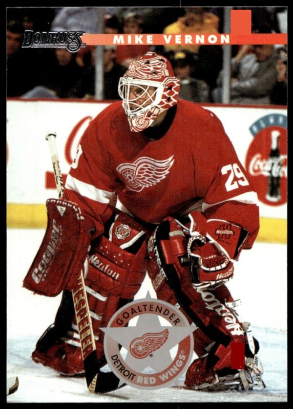 Front view of 1996 Donruss hockey card featuring Mike Vernon in action, number 52.