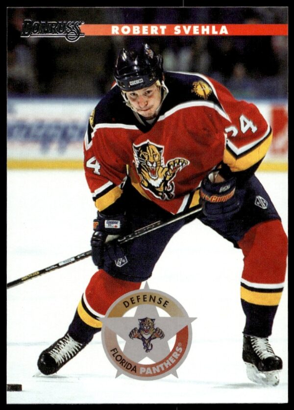 Robert Svehla 1996 Donruss hockey card #77, Florida Panthers, NHL defenseman action shot.