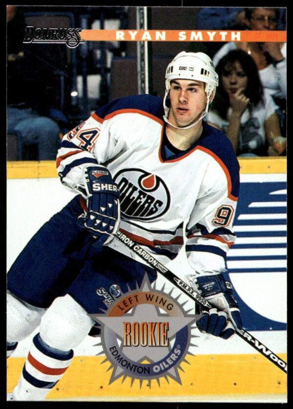 1996 Donruss Ryan Smyth rookie card showcasing Edmonton Oilers action shot.