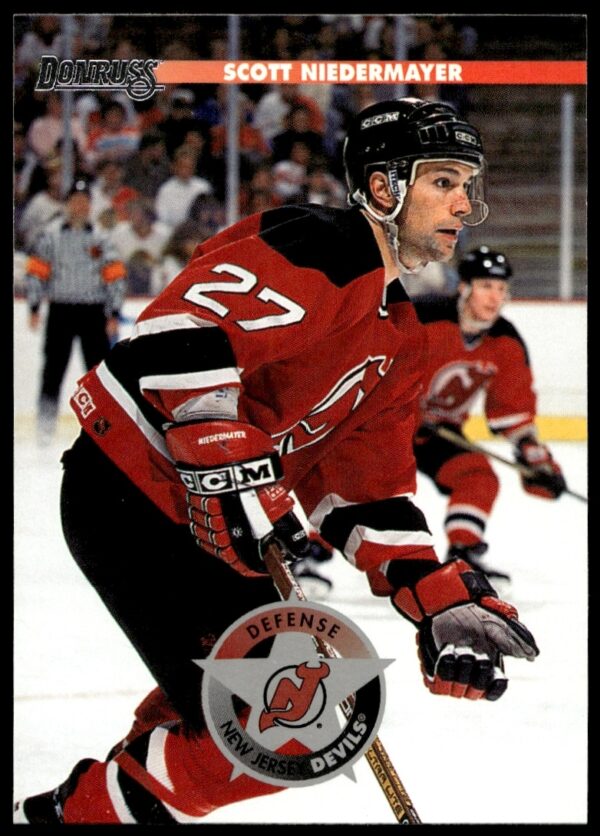 Scott Niedermayer hockey card, 1996 Donruss #188, New Jersey Devils uniform.