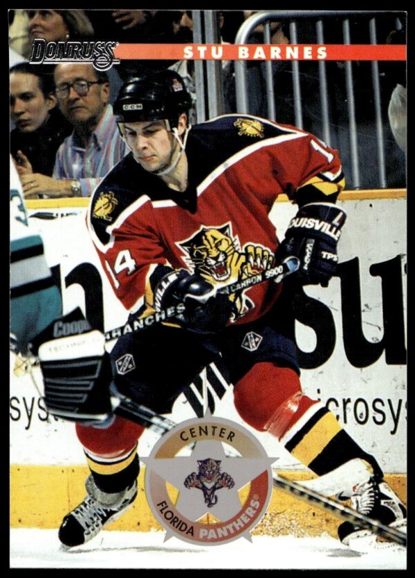 Stu Barnes 1996 Donruss Hockey Card #68, game stance, team uniform.