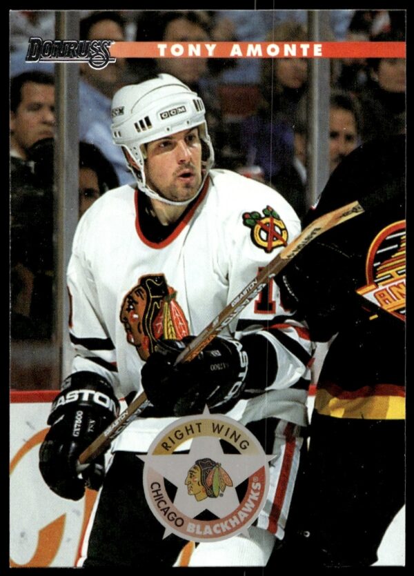 Tony Amonte 1996 Donruss Hockey Card #80 Front View in Action.
