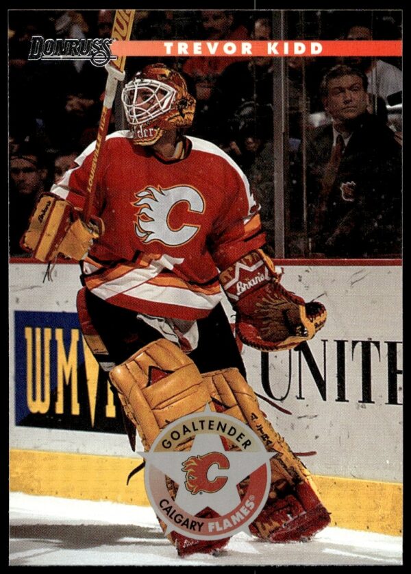 Front view of 1996 Donruss Hockey Card #160 featuring Trevor Kidd in Calgary Flames gear.