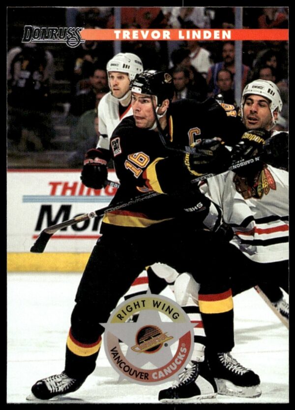 Trevor Linden 1996 Donruss hockey card, Vancouver Canucks, #102, vibrant action shot.
