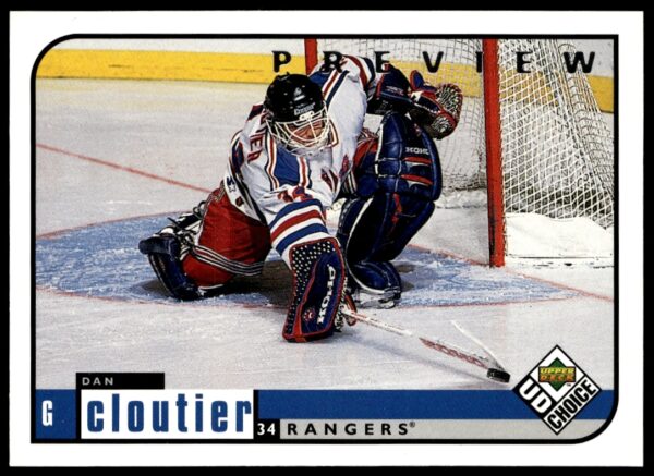 1998-99 Upper Deck card featuring goalie Dan Cloutier in action, collectible for NHL fans.