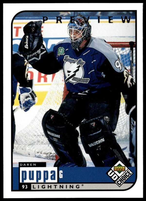 Daren Puppa 1998-99 Upper Deck UD Choice Preview hockey card, dynamic action shot.
