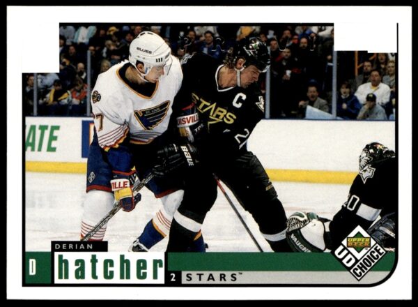 Derian Hatcher 1998-99 Upper Deck Preview trading card, #65, showing gameplay action and team colors.