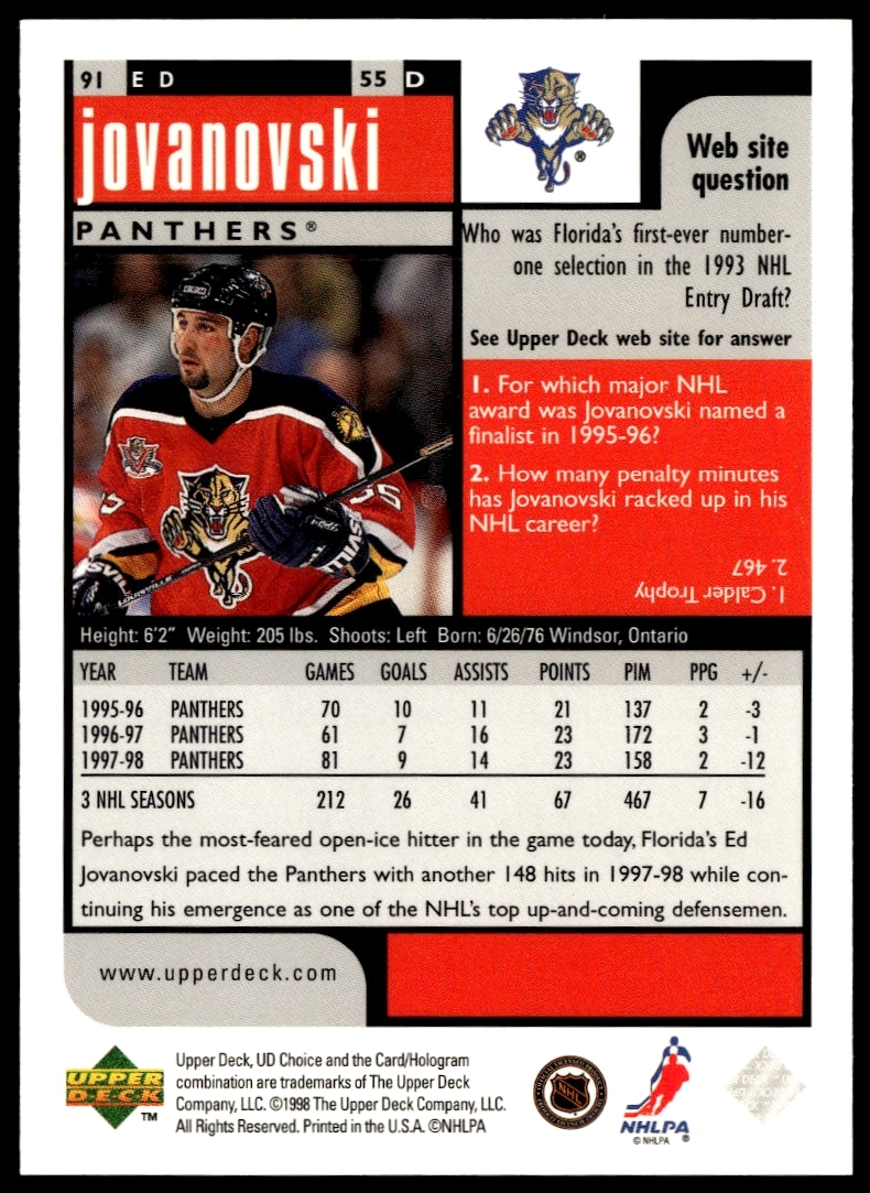 1998-99 Upper Deck Ed Jovanovski Preview Card Back, #91, with stats and player overview.