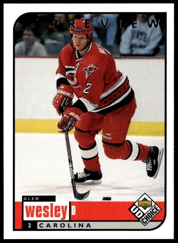 Glen Wesley 1998-99 UD Choice Preview hockey card #41 showcasing action and jersey.