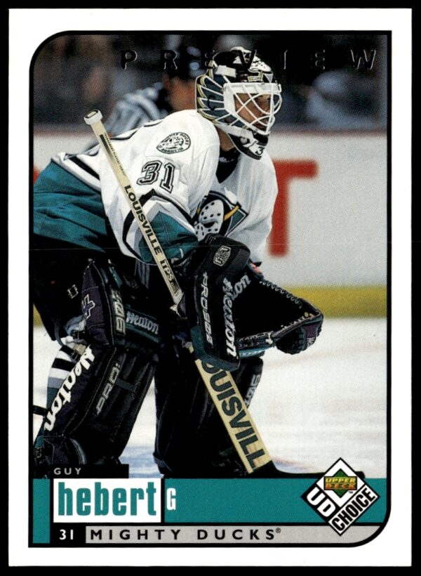 Guy Heberts 1998-99 Upper Deck preview card featuring action-packed goaltending moment.