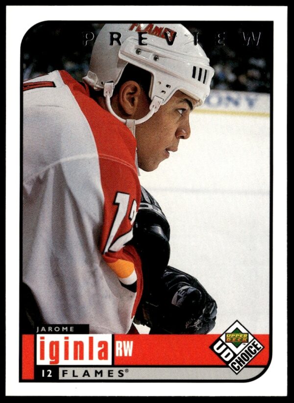 Jarome Iginla 1998-99 Upper Deck hockey card front view in Calgary Flames uniform.