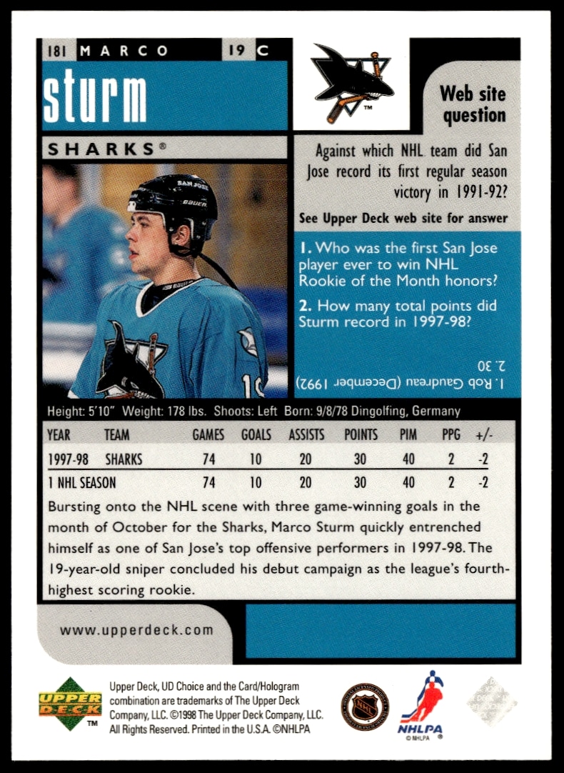 Marco Sturm 1998-99 UD Choice Hockey Card Back: Stats, Highlights, Team Info.