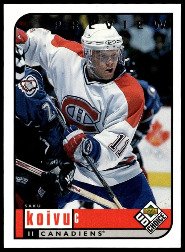 Front view of rare 1998-99 Saku Koivu Upper Deck Preview card #105.