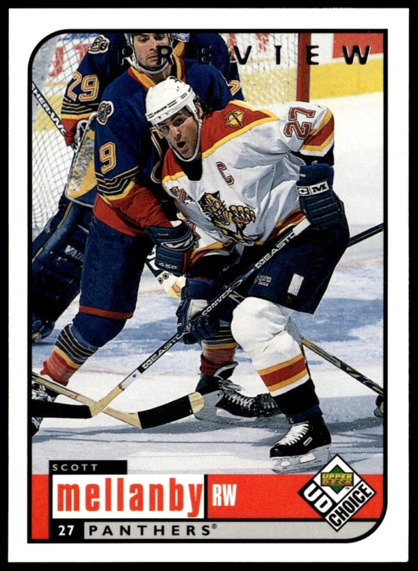 1998-99 UD Choice Scott Mellanby hockey card, number 90, showcasing action on the ice (Front).
