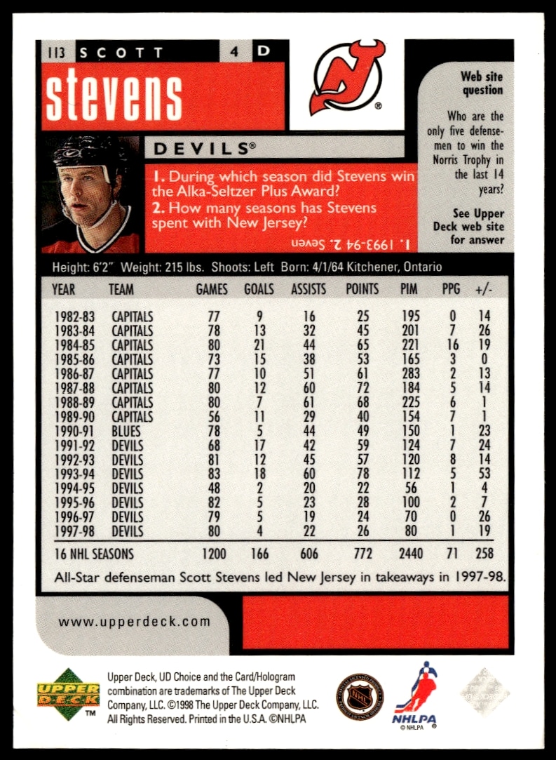 Scott Stevens 1998-99 Upper Deck card #113 back, showing stats and career info.